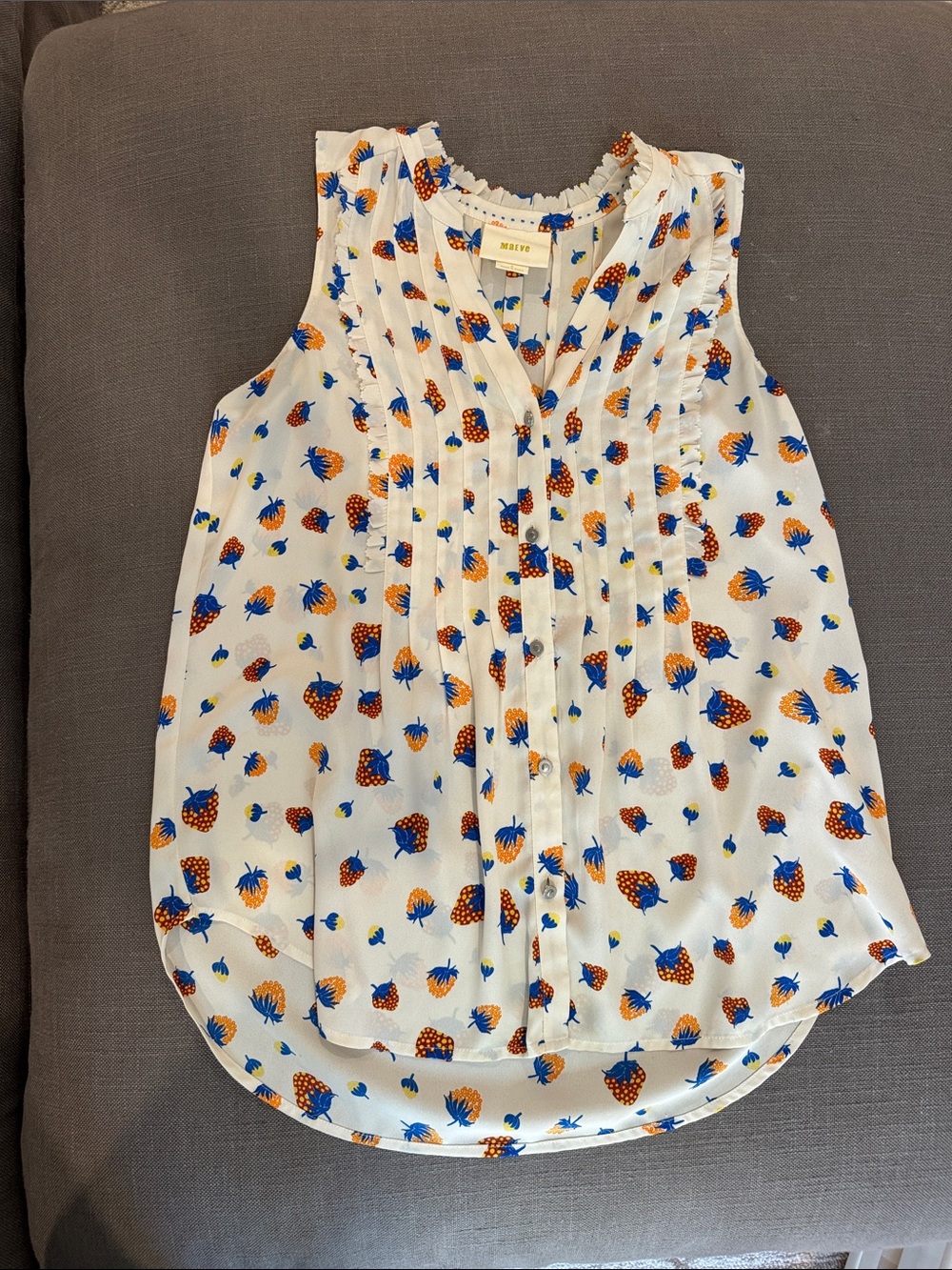 Maeve White Sleeveless Pintuck Blouse with Blue, Red and Orange Fruit Motif